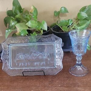 Vintage Indiana Glass Tiara Ice Blue Lords Supper Plate And Goblet Set